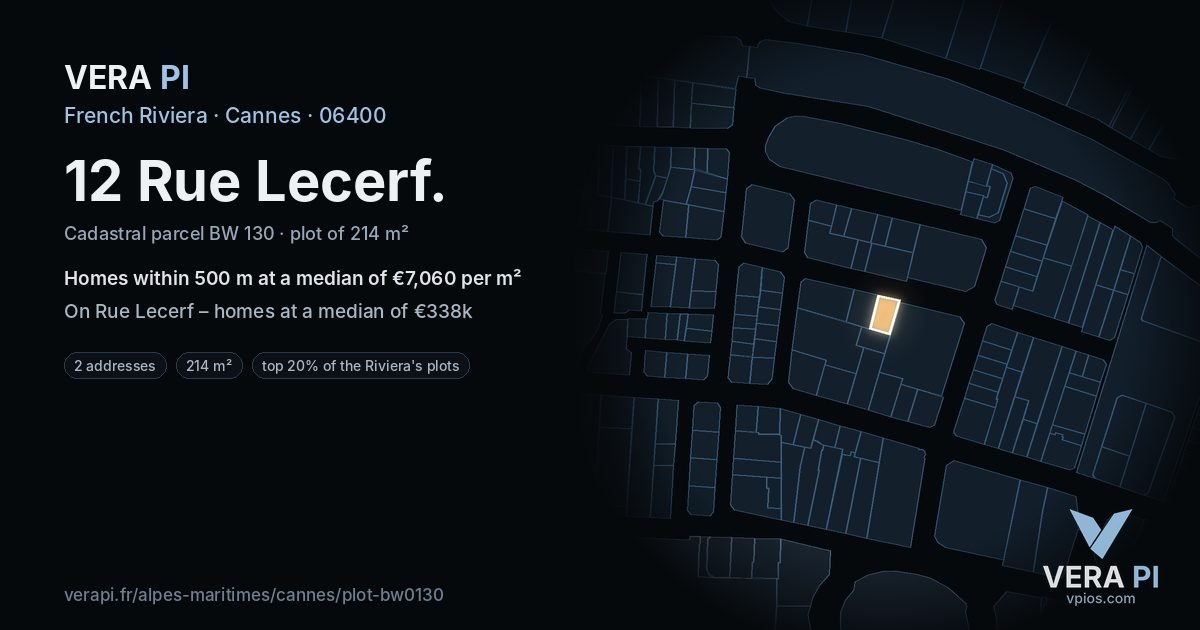 12 Rue Lecerf, Cannes at night – the plot lit, the parcels around coloured by the prices near them