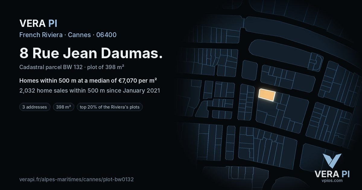 8 Rue Jean Daumas, Cannes at night – the plot lit, the parcels around coloured by the prices near them