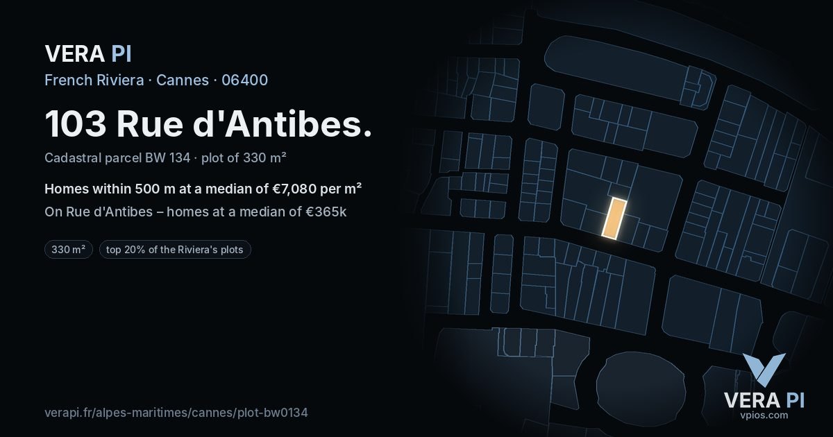 103 Rue d'Antibes, Cannes at night – the plot lit, the parcels around coloured by the prices near them