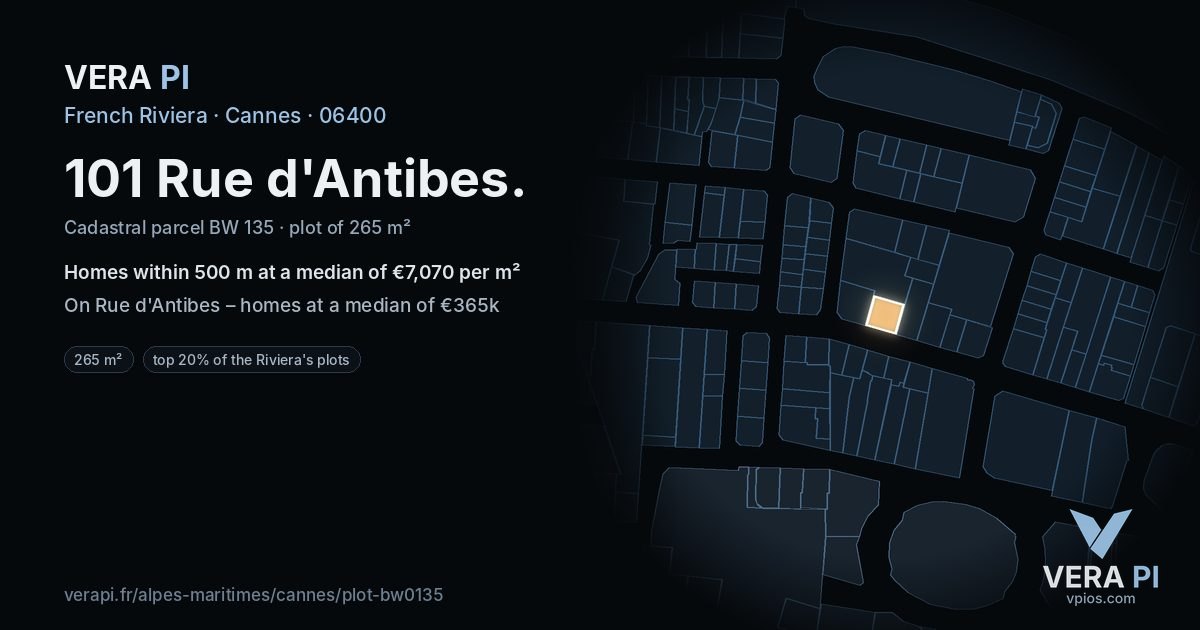 101 Rue d'Antibes, Cannes at night – the plot lit, the parcels around coloured by the prices near them
