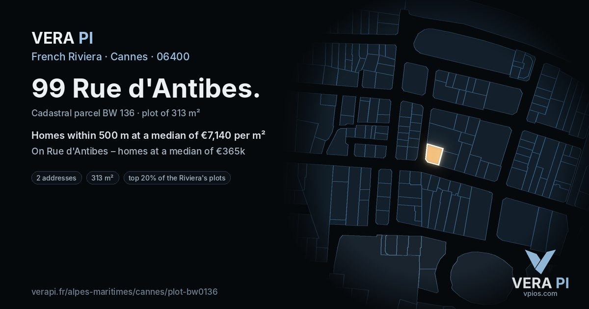 99 Rue d'Antibes, Cannes at night – the plot lit, the parcels around coloured by the prices near them