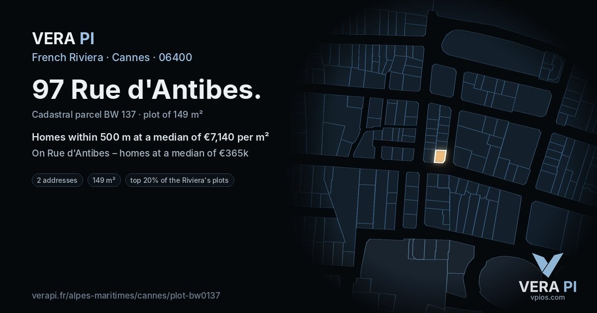 97 Rue d'Antibes, Cannes at night – the plot lit, the parcels around coloured by the prices near them