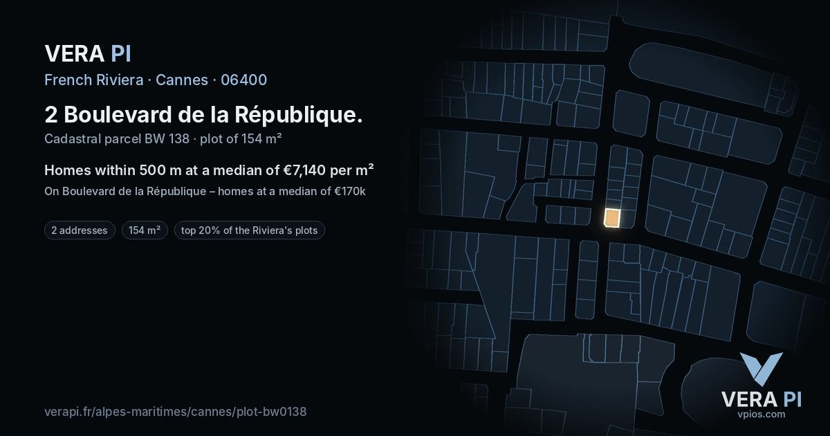 2 Boulevard de la République, Cannes at night – the plot lit, the parcels around coloured by the prices near them