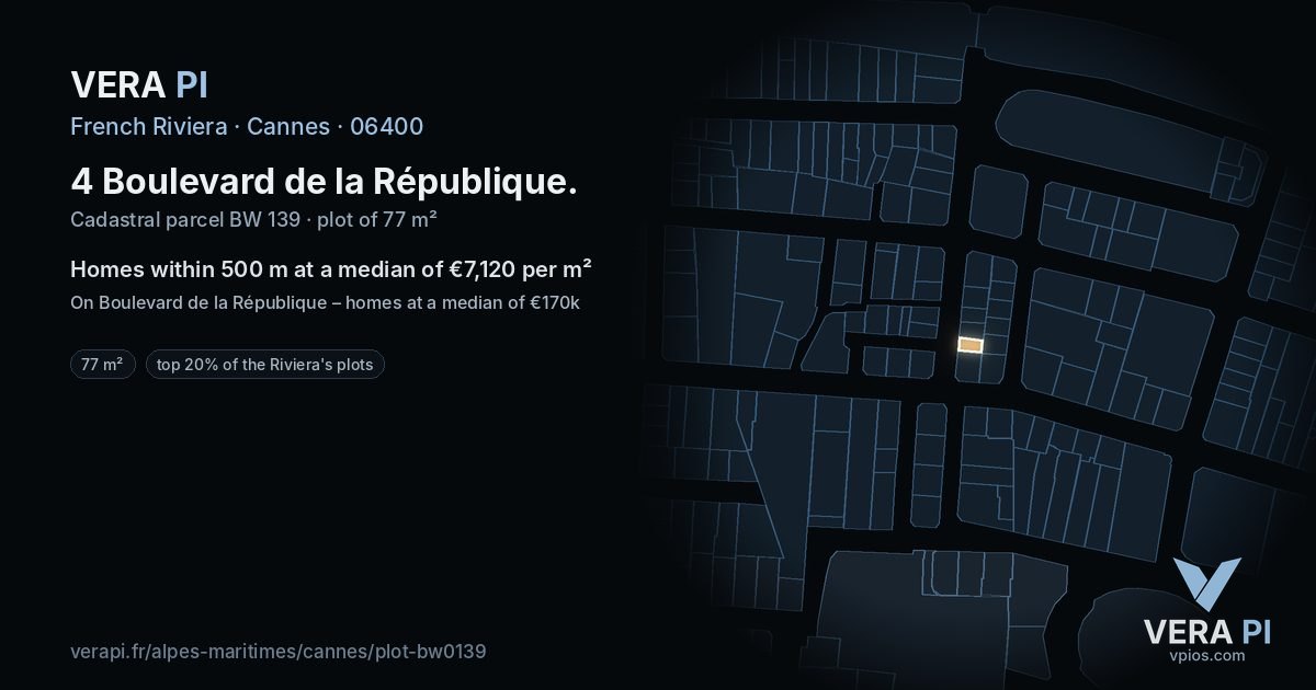 4 Boulevard de la République, Cannes at night – the plot lit, the parcels around coloured by the prices near them