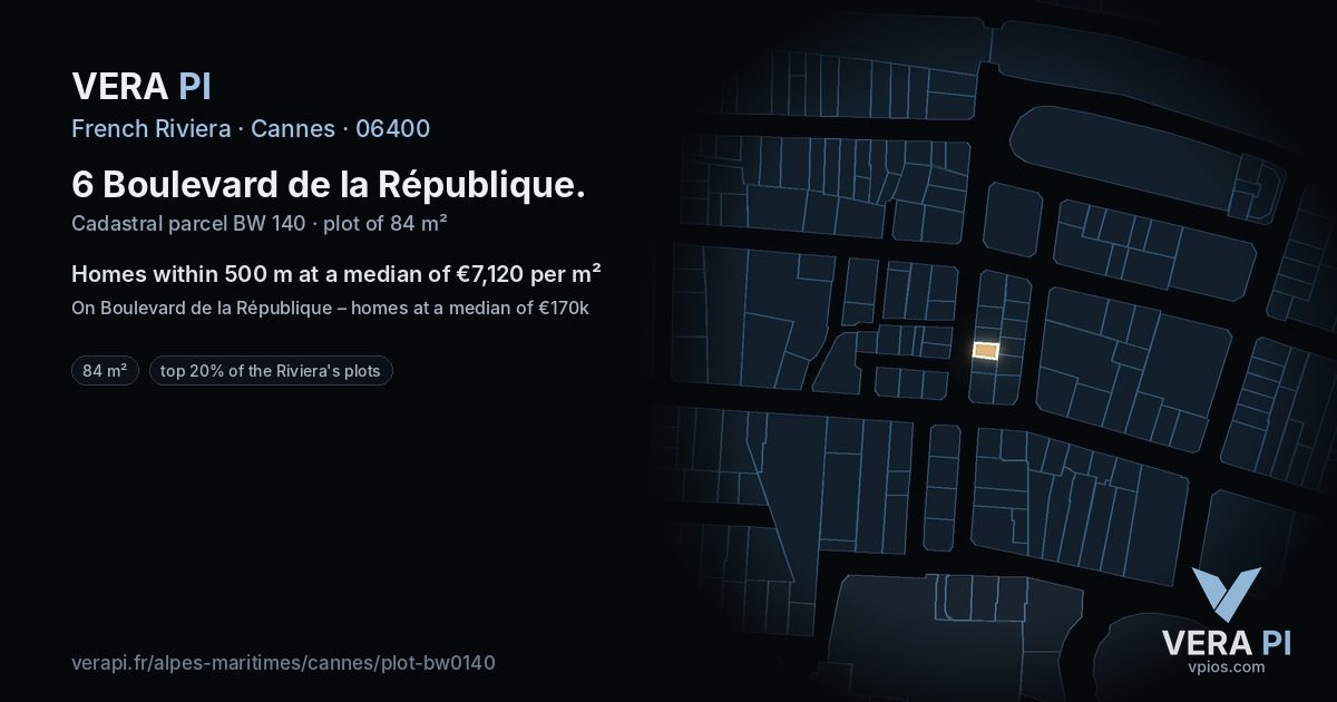6 Boulevard de la République, Cannes at night – the plot lit, the parcels around coloured by the prices near them