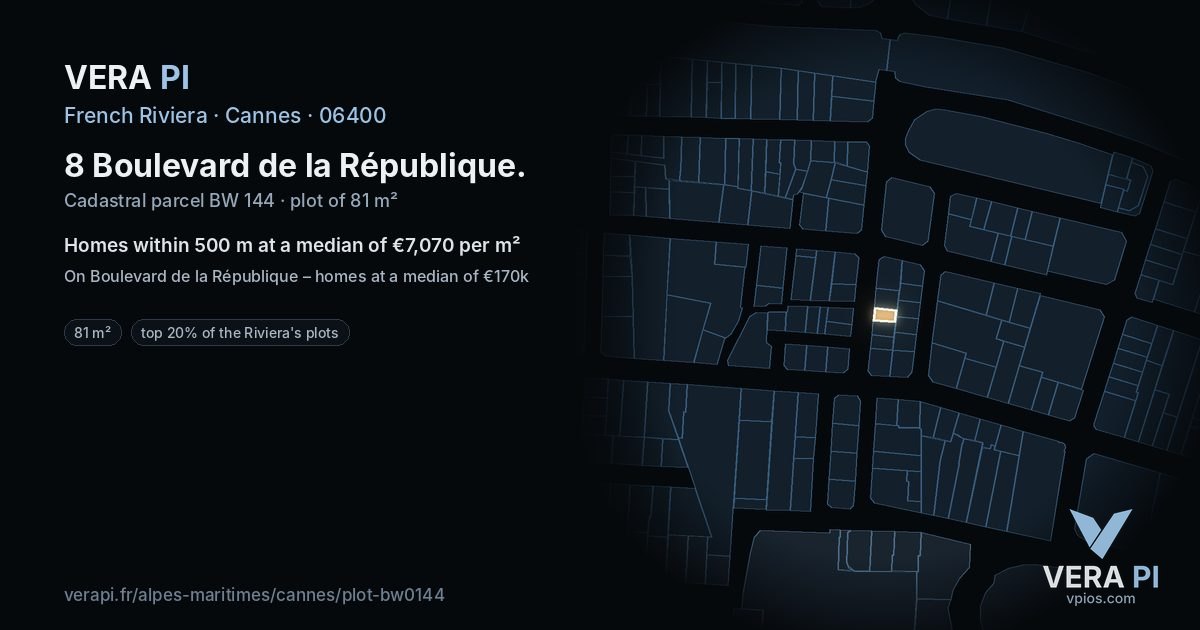 8 Boulevard de la République, Cannes at night – the plot lit, the parcels around coloured by the prices near them