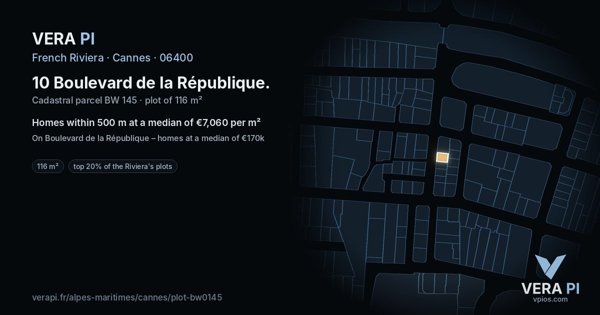10 Boulevard de la République, Cannes at night – the plot lit, the parcels around coloured by the prices near them