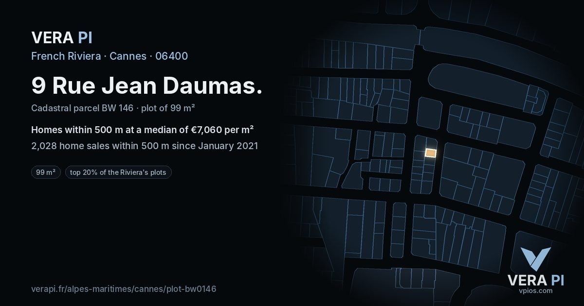 9 Rue Jean Daumas, Cannes at night – the plot lit, the parcels around coloured by the prices near them