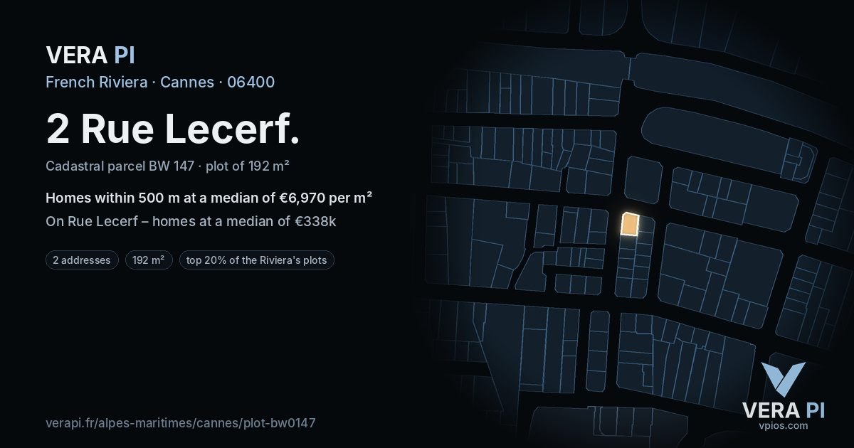 2 Rue Lecerf, Cannes at night – the plot lit, the parcels around coloured by the prices near them