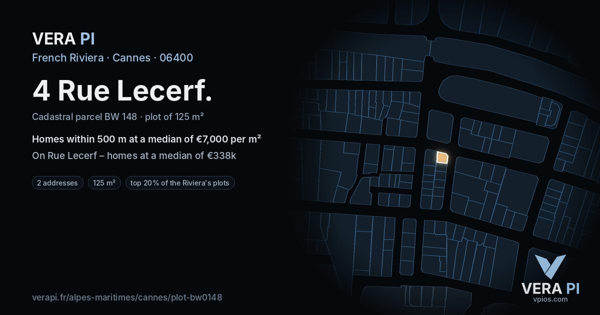 4 Rue Lecerf, Cannes at night – the plot lit, the parcels around coloured by the prices near them