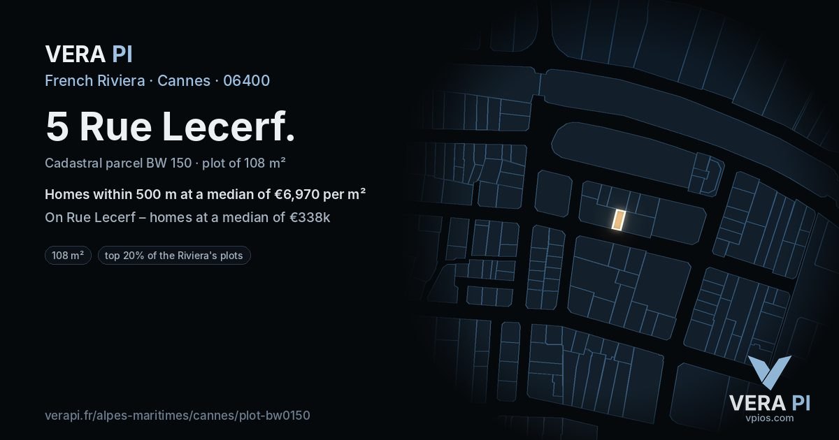 5 Rue Lecerf, Cannes at night – the plot lit, the parcels around coloured by the prices near them
