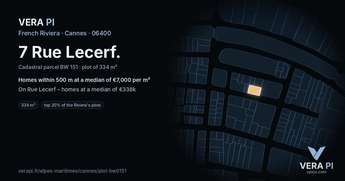 7 Rue Lecerf, Cannes at night – the plot lit, the parcels around coloured by the prices near them