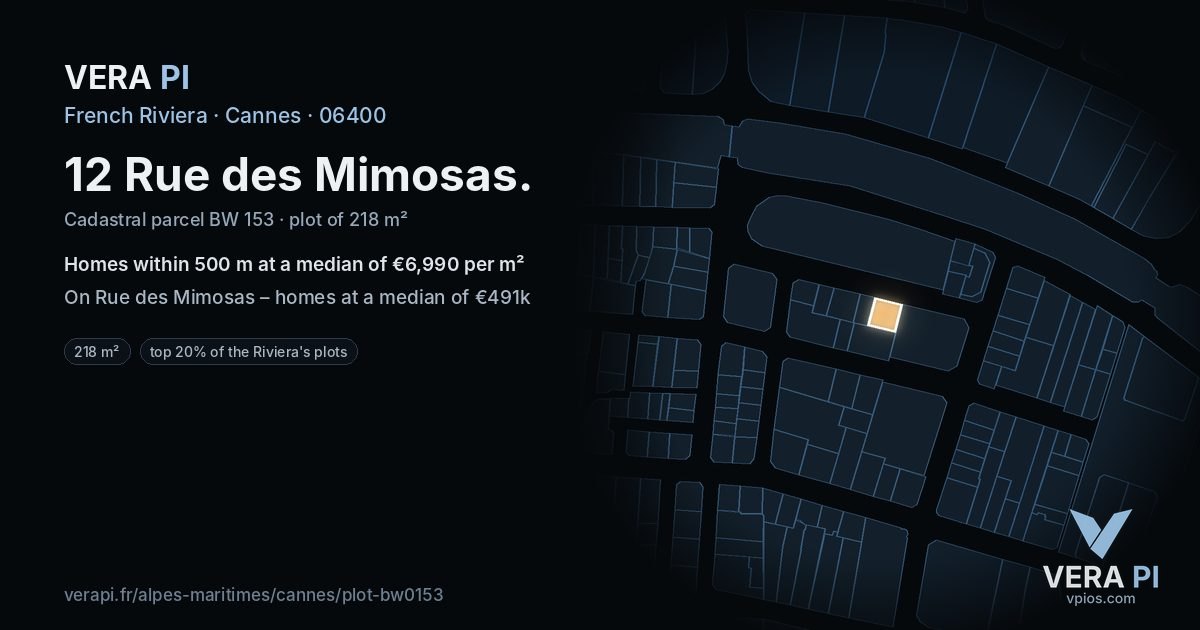 12 Rue des Mimosas, Cannes at night – the plot lit, the parcels around coloured by the prices near them