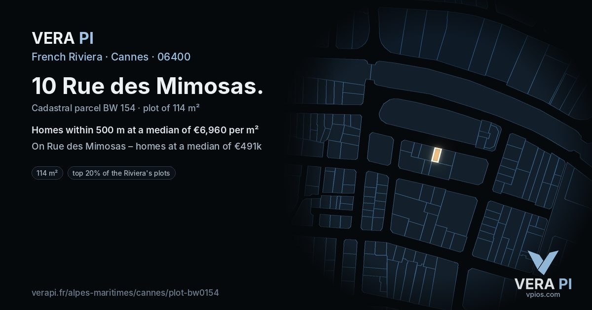 10 Rue des Mimosas, Cannes at night – the plot lit, the parcels around coloured by the prices near them