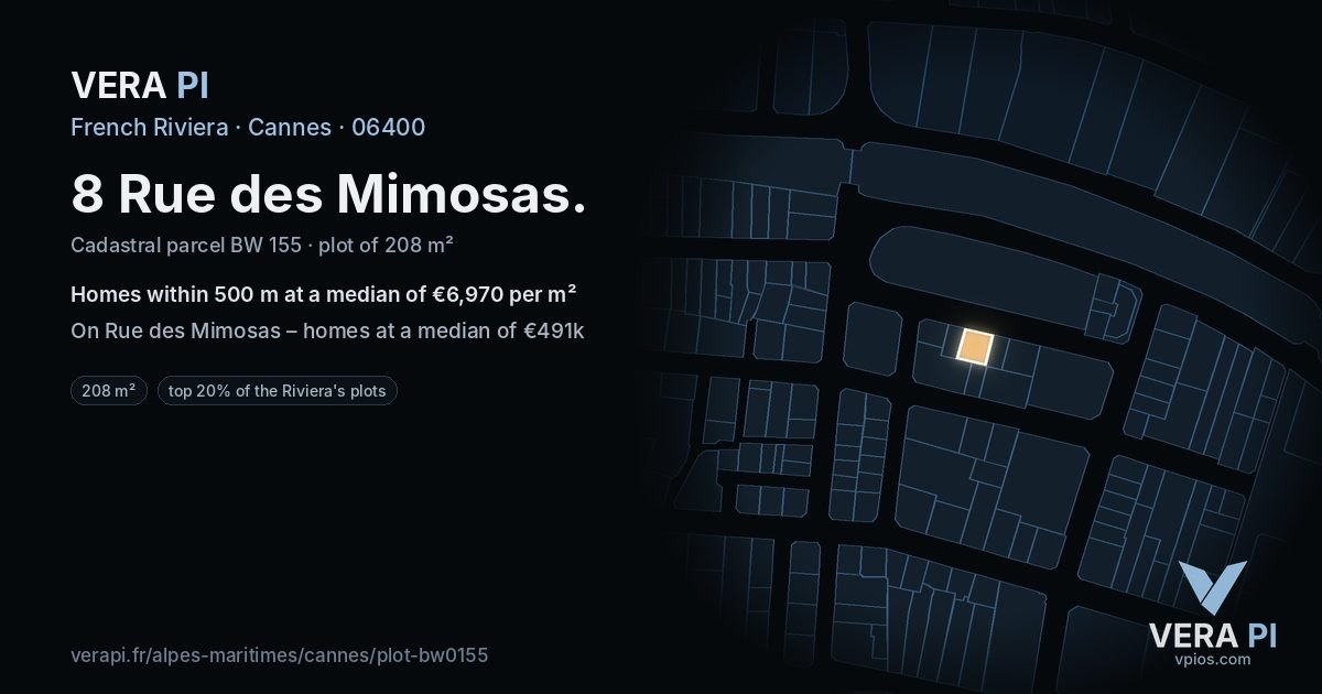 8 Rue des Mimosas, Cannes at night – the plot lit, the parcels around coloured by the prices near them