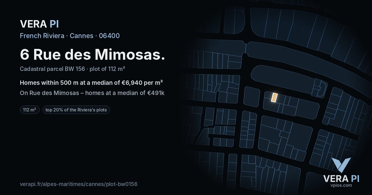 6 Rue des Mimosas, Cannes at night – the plot lit, the parcels around coloured by the prices near them