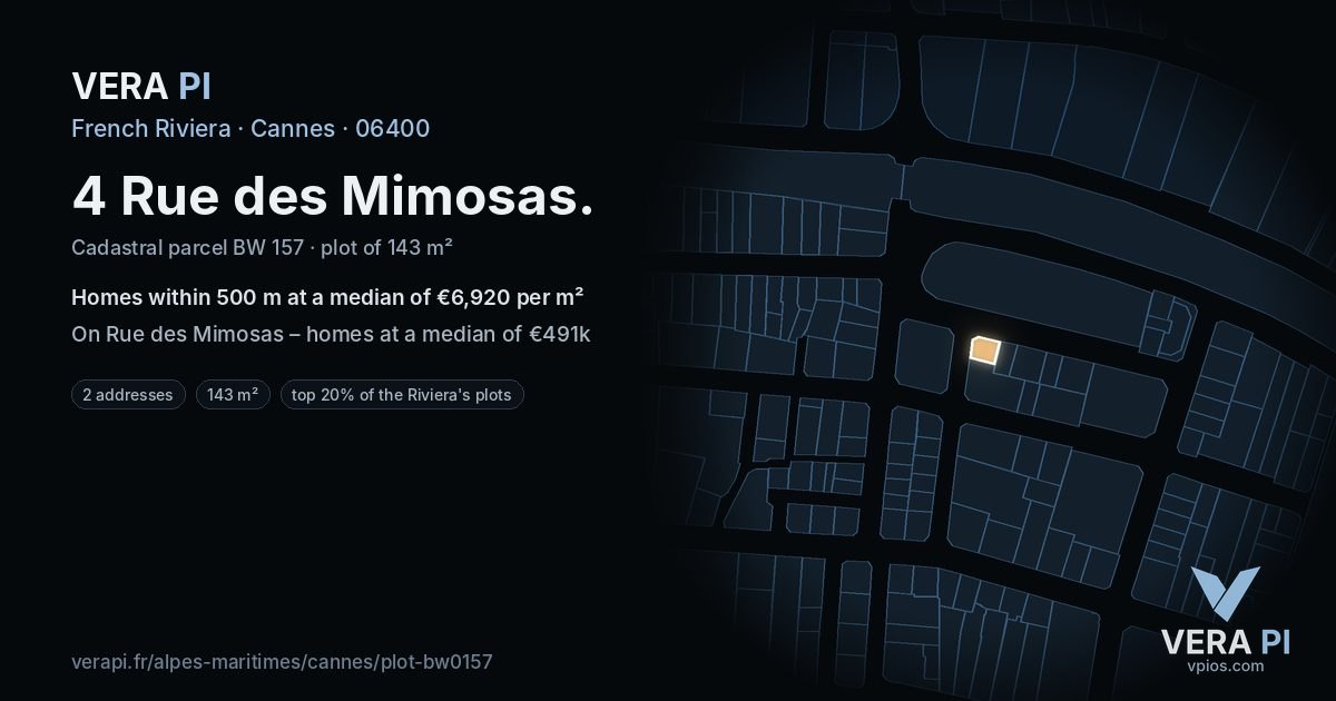 4 Rue des Mimosas, Cannes at night – the plot lit, the parcels around coloured by the prices near them