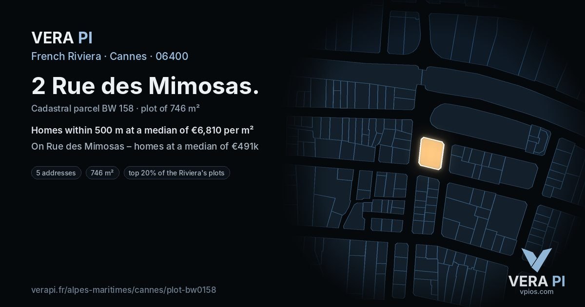 2 Rue des Mimosas, Cannes at night – the plot lit, the parcels around coloured by the prices near them