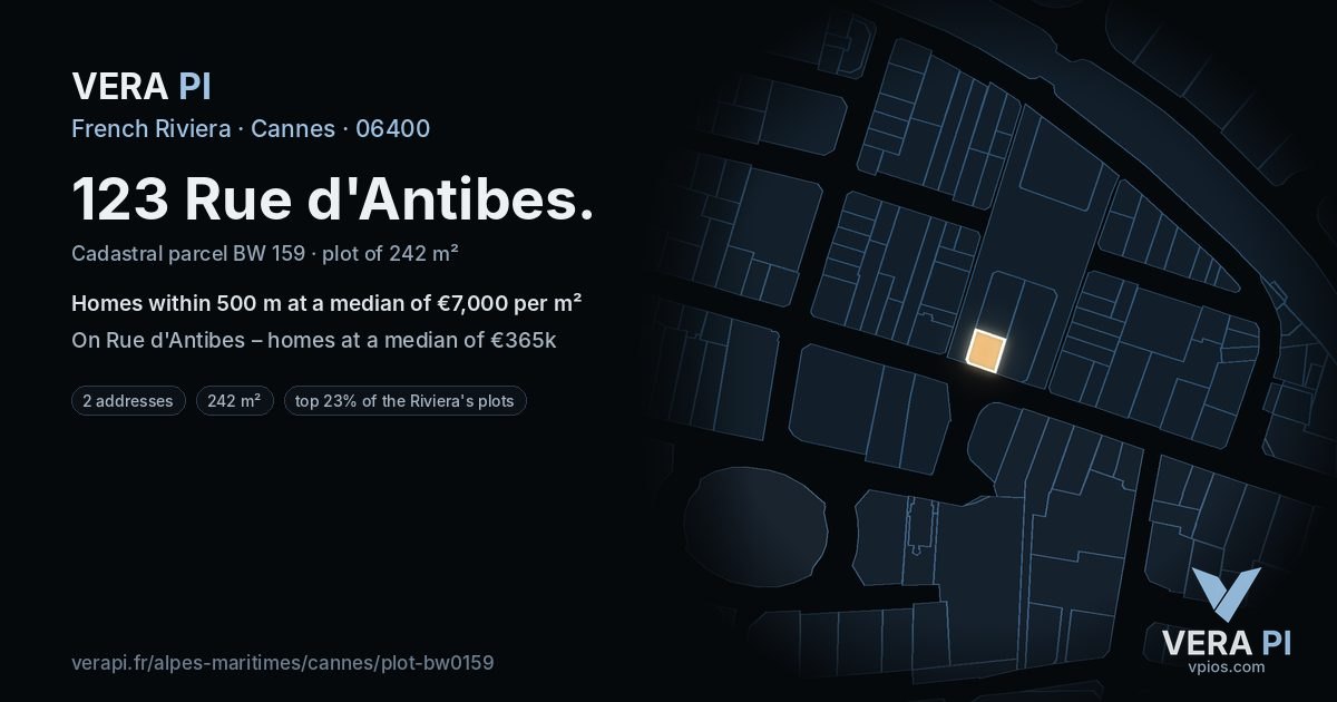 123 Rue d'Antibes, Cannes at night – the plot lit, the parcels around coloured by the prices near them