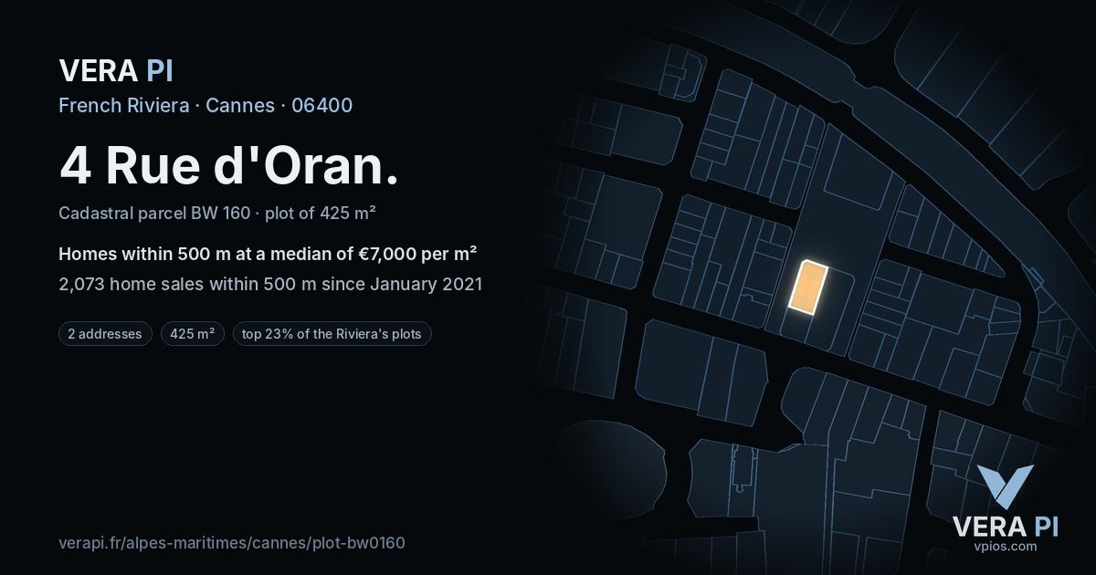 4 Rue d'Oran, Cannes at night – the plot lit, the parcels around coloured by the prices near them