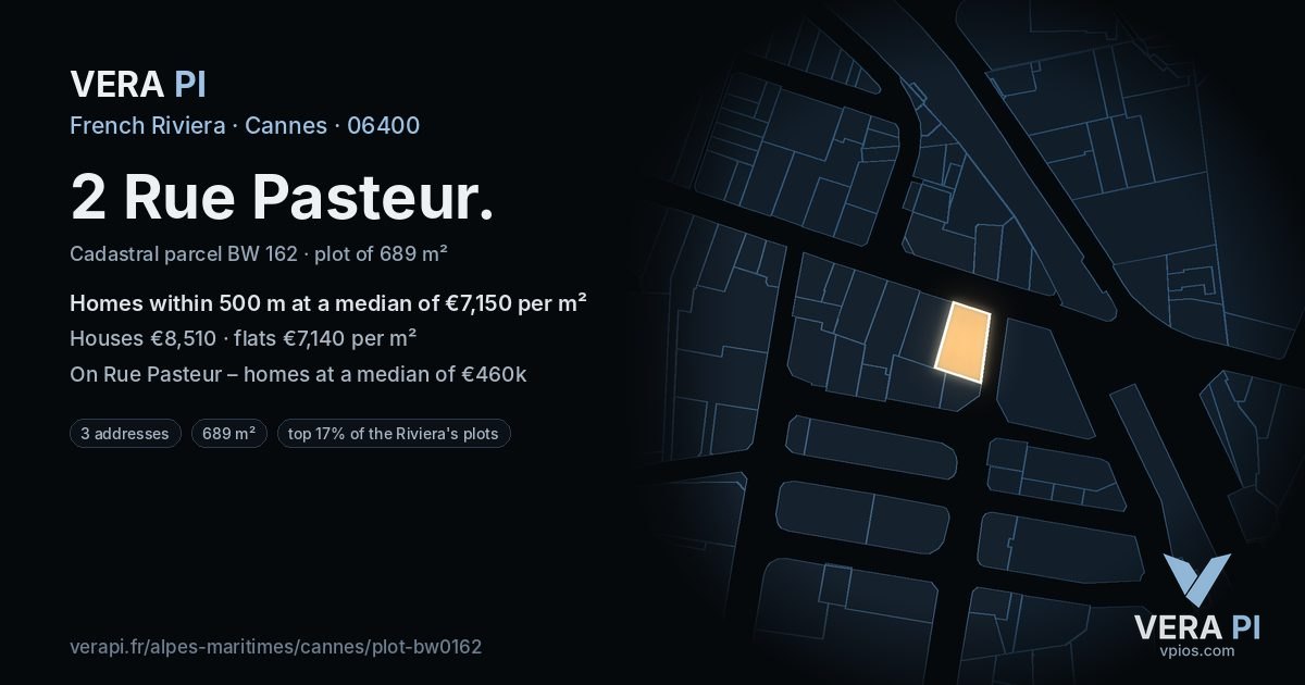 2 Rue Pasteur, Cannes at night – the plot lit, the parcels around coloured by the prices near them