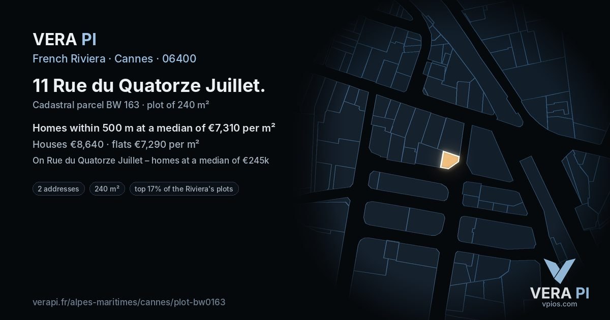 11 Rue du Quatorze Juillet, Cannes at night – the plot lit, the parcels around coloured by the prices near them