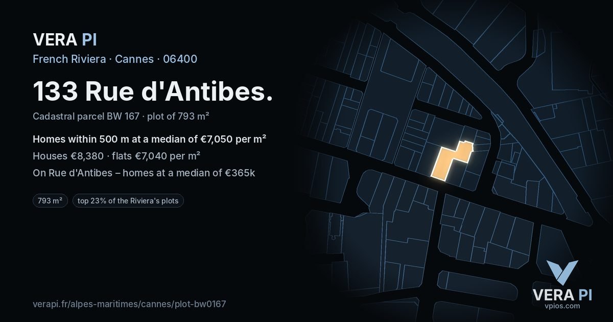 133 Rue d'Antibes, Cannes at night – the plot lit, the parcels around coloured by the prices near them