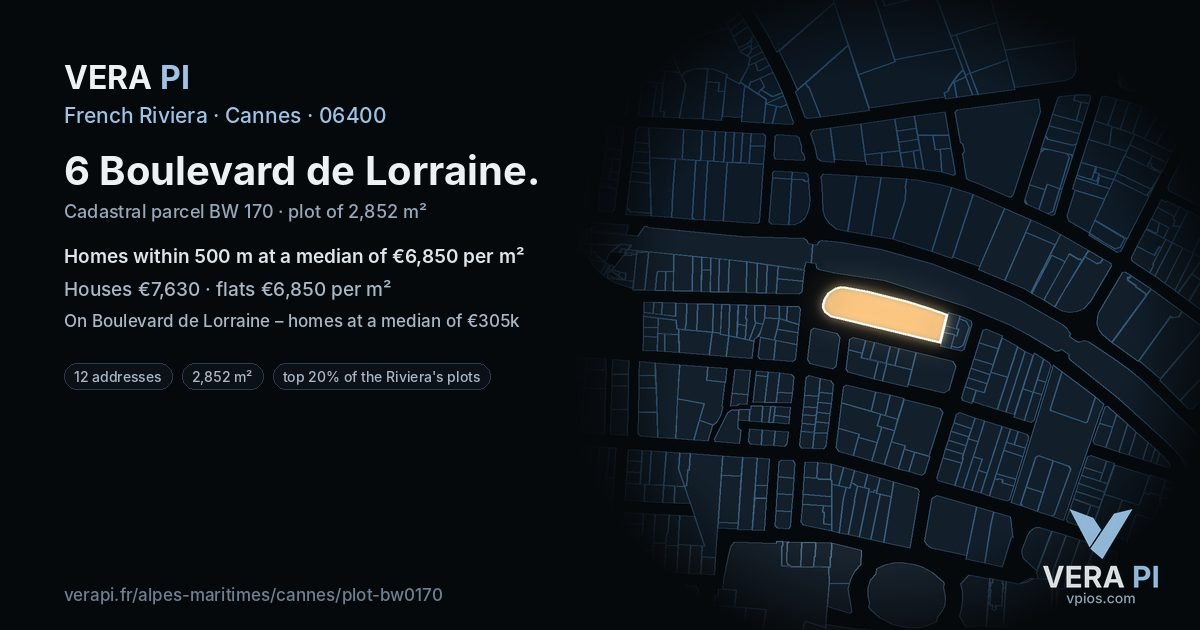 6 Boulevard de Lorraine, Cannes at night – the plot lit, the parcels around coloured by the prices near them