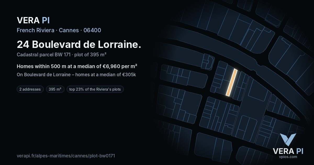 24 Boulevard de Lorraine, Cannes at night – the plot lit, the parcels around coloured by the prices near them