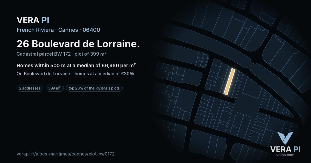 26 Boulevard de Lorraine, Cannes at night – the plot lit, the parcels around coloured by the prices near them
