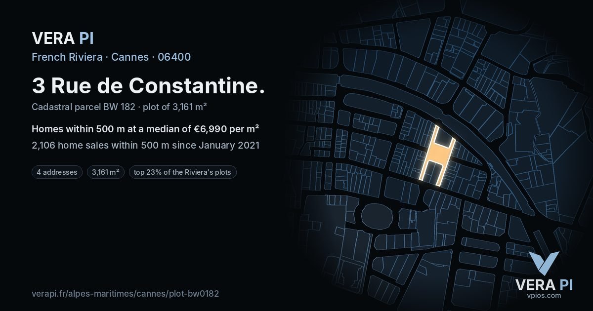 3 Rue de Constantine, Cannes at night – the plot lit, the parcels around coloured by the prices near them