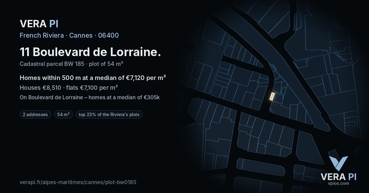 11 Boulevard de Lorraine, Cannes at night – the plot lit, the parcels around coloured by the prices near them