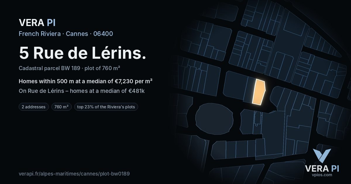 5 Rue de Lérins, Cannes at night – the plot lit, the parcels around coloured by the prices near them