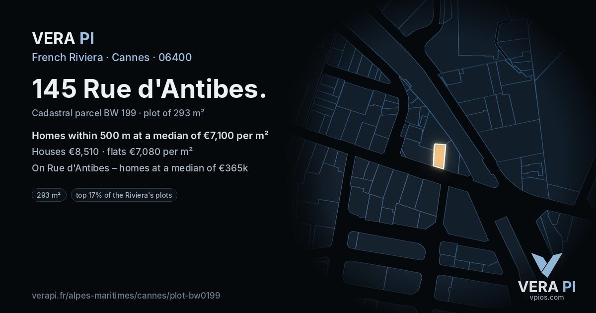 145 Rue d'Antibes, Cannes at night – the plot lit, the parcels around coloured by the prices near them