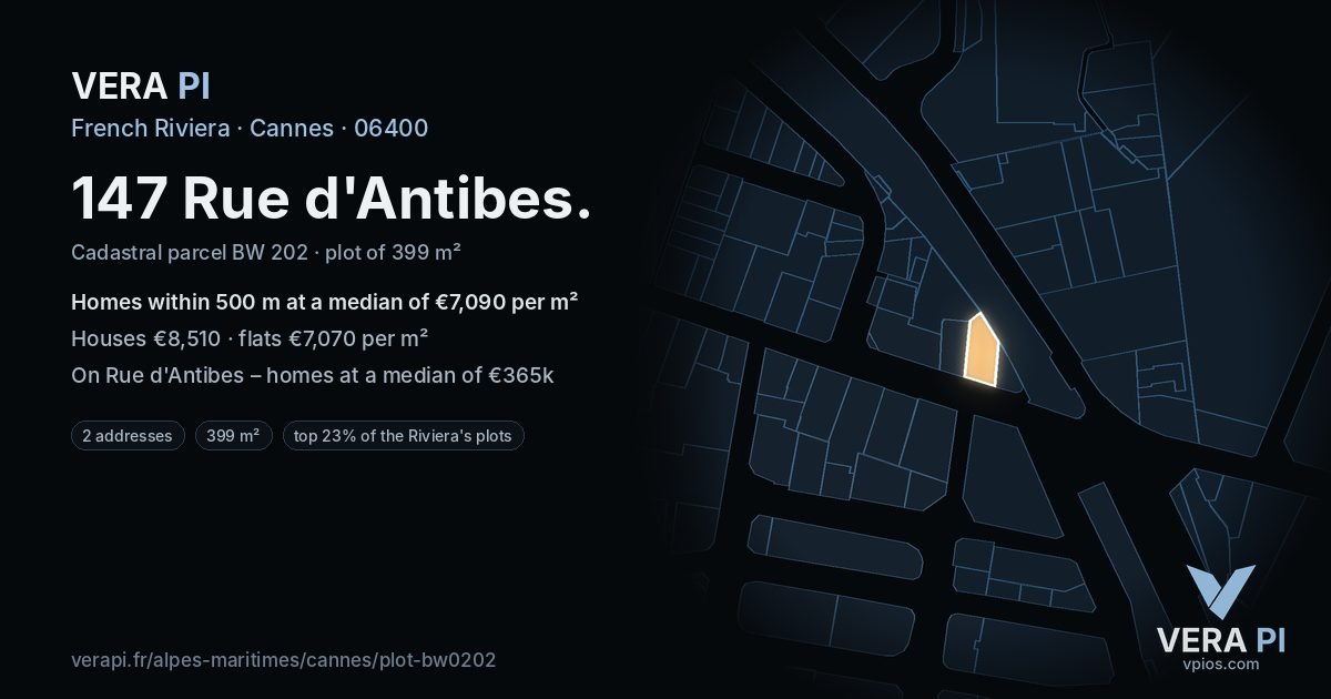 147 Rue d'Antibes, Cannes at night – the plot lit, the parcels around coloured by the prices near them