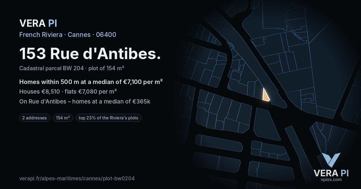 153 Rue d'Antibes, Cannes at night – the plot lit, the parcels around coloured by the prices near them
