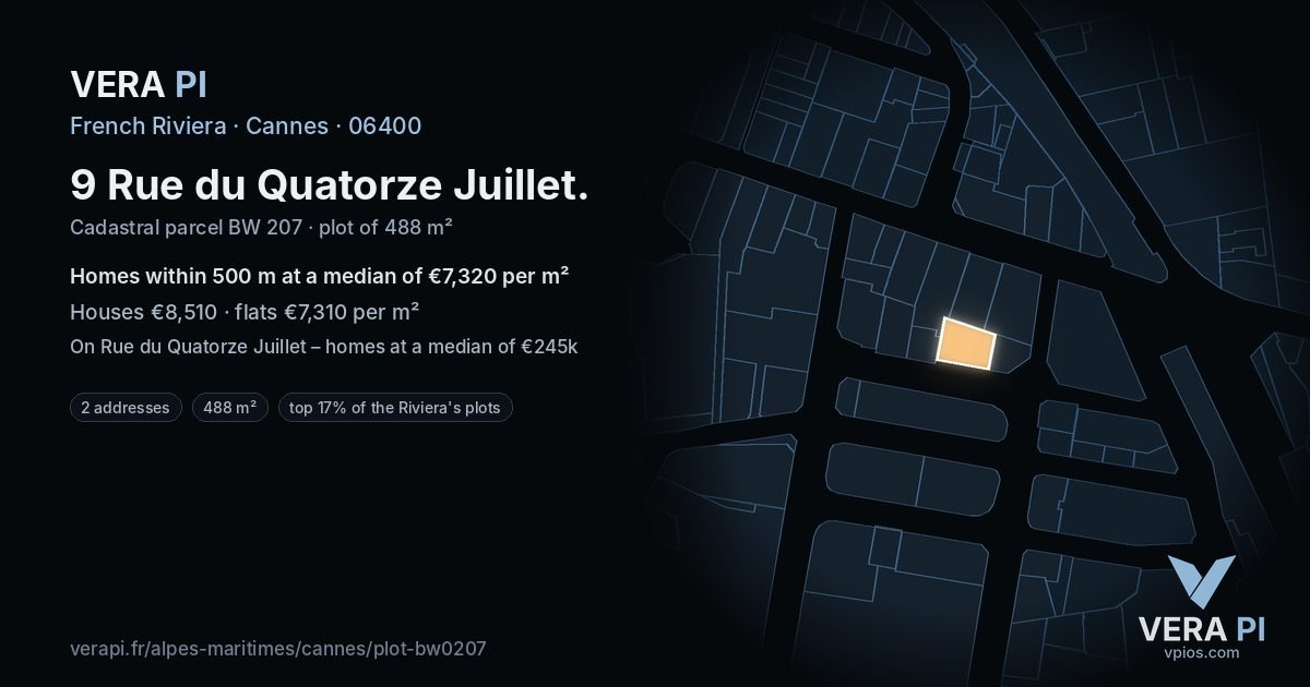 9 Rue du Quatorze Juillet, Cannes at night – the plot lit, the parcels around coloured by the prices near them