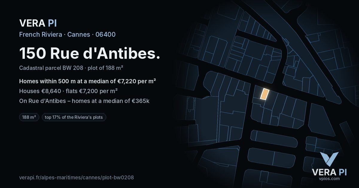 150 Rue d'Antibes, Cannes at night – the plot lit, the parcels around coloured by the prices near them