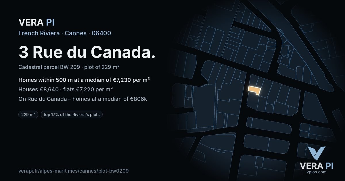3 Rue du Canada, Cannes at night – the plot lit, the parcels around coloured by the prices near them