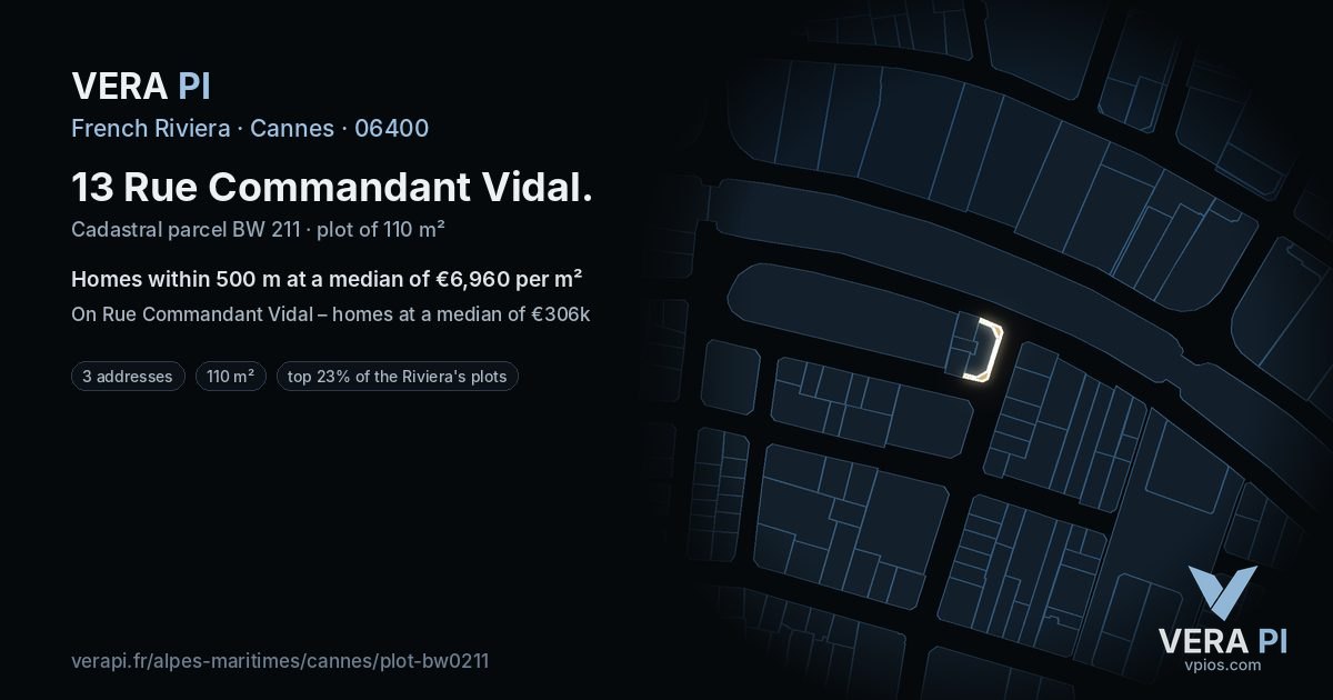 13 Rue Commandant Vidal, Cannes at night – the plot lit, the parcels around coloured by the prices near them