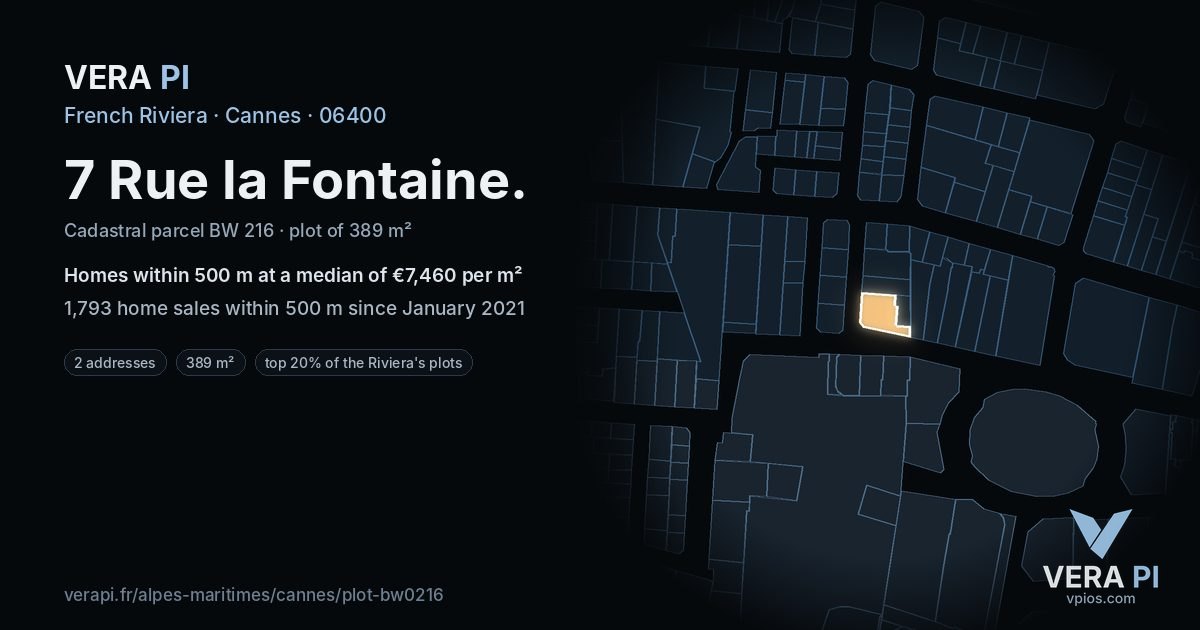 7 Rue la Fontaine, Cannes at night – the plot lit, the parcels around coloured by the prices near them