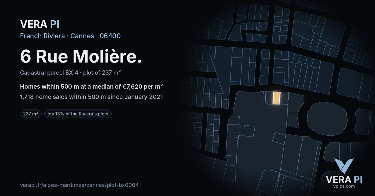 6 Rue Molière, Cannes at night – the plot lit, the parcels around coloured by the prices near them