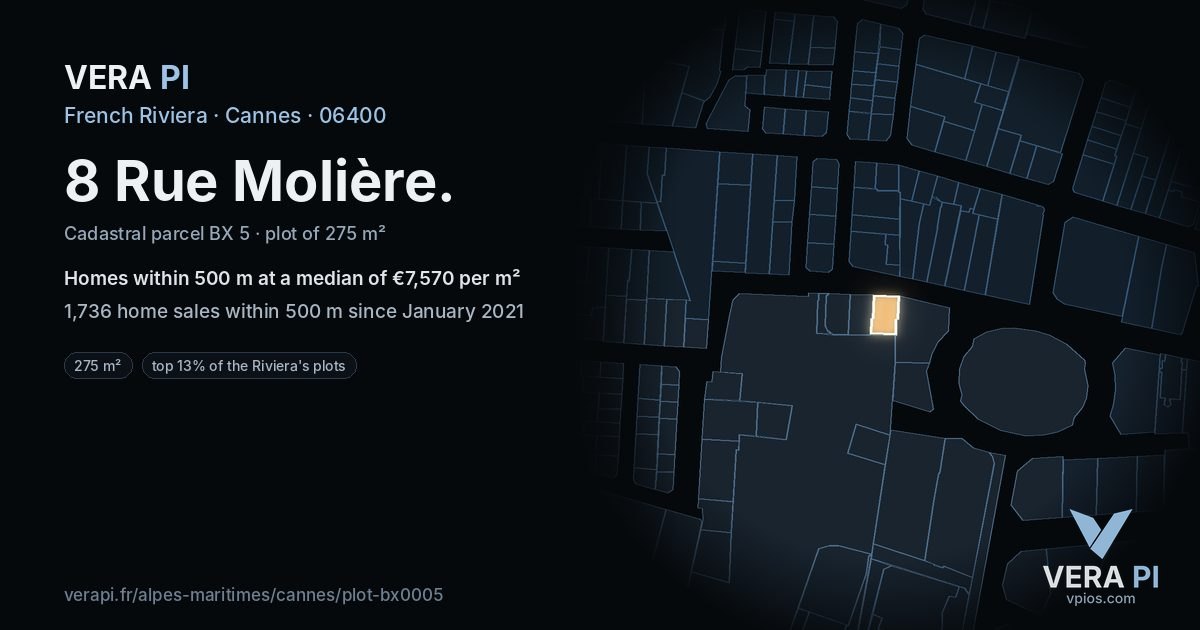 8 Rue Molière, Cannes at night – the plot lit, the parcels around coloured by the prices near them