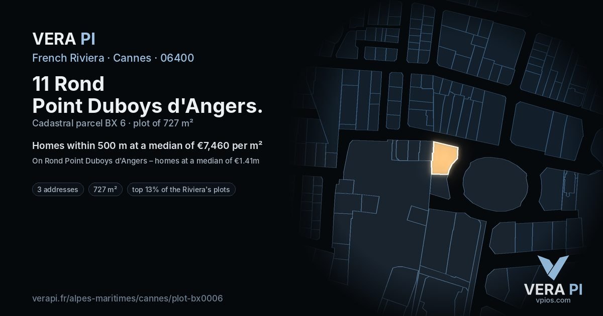 11 Rond Point Duboys d'Angers, Cannes at night – the plot lit, the parcels around coloured by the prices near them