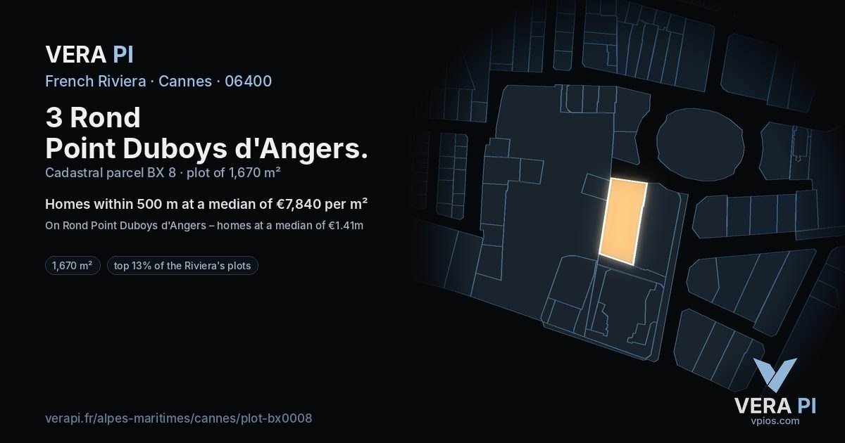 3 Rond Point Duboys d'Angers, Cannes at night – the plot lit, the parcels around coloured by the prices near them