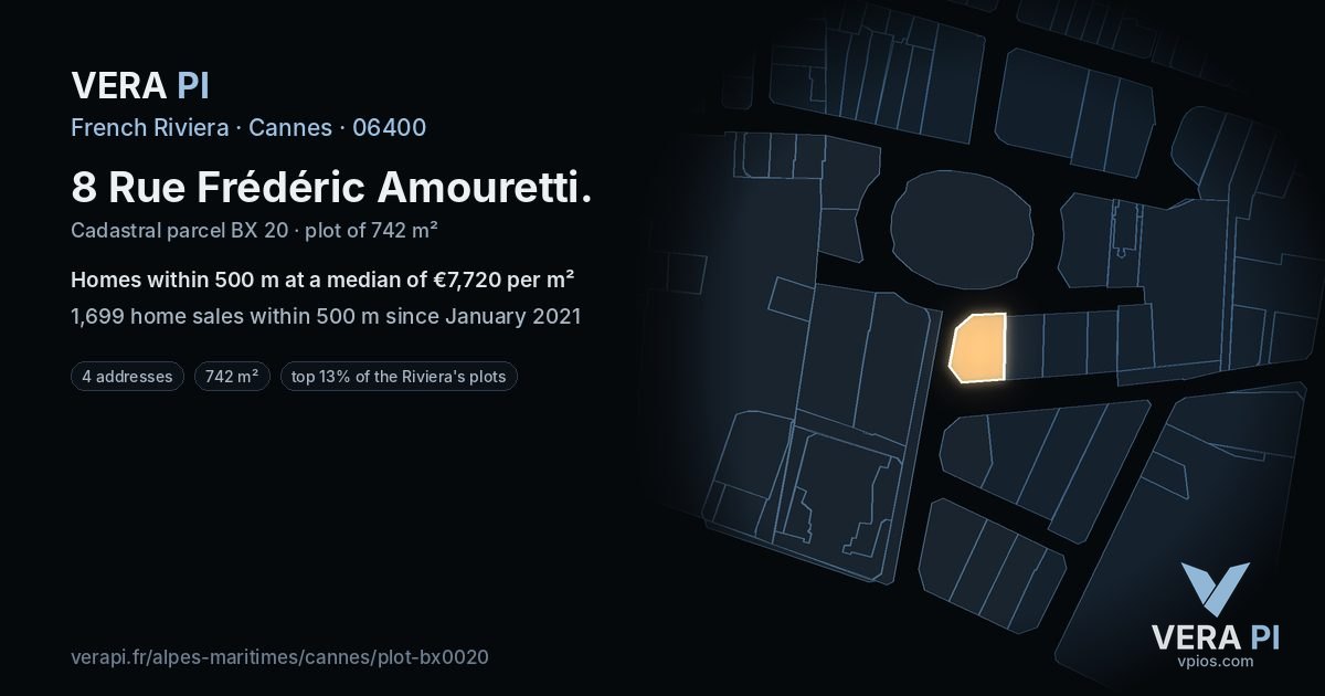 8 Rue Frédéric Amouretti, Cannes at night – the plot lit, the parcels around coloured by the prices near them