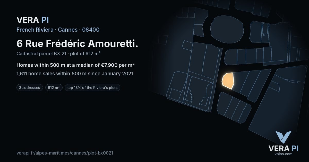 6 Rue Frédéric Amouretti, Cannes at night – the plot lit, the parcels around coloured by the prices near them
