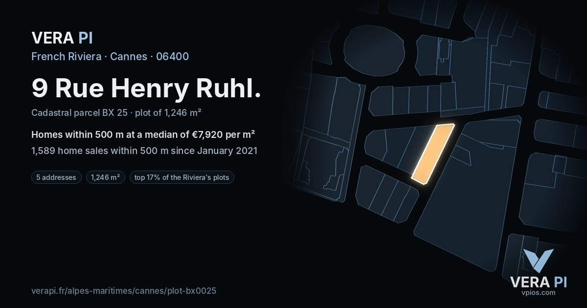 9 Rue Henry Ruhl, Cannes at night – the plot lit, the parcels around coloured by the prices near them