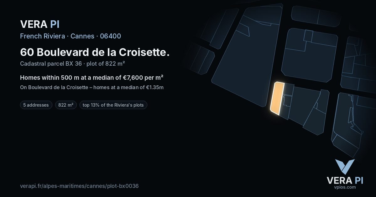 60 Boulevard de la Croisette, Cannes at night – the plot lit, the parcels around coloured by the prices near them