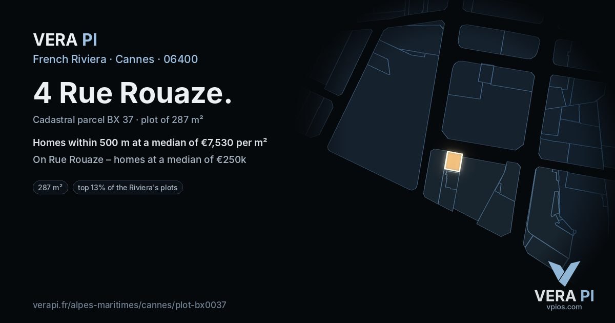 4 Rue Rouaze, Cannes at night – the plot lit, the parcels around coloured by the prices near them